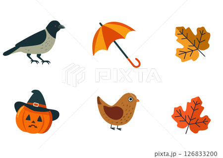 Delightful autumn icons showcasing charming birds, vibrant colorful leaves, and festive Halloween pumpkins galore Delightful autumn icons showcasing charming birds, vibrant colorful leaves, and festive Halloween pumpkins galore 126833200