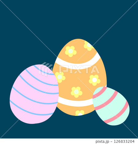 A close-up of three pastel-colored Easter eggs on a dark blue background. Great for greeting cards, banners, and festive decorations. . Vector illustration 126833204