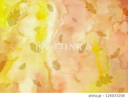 秋色の水彩画を背景に落ち葉のシルエットが舞うパターンイラスト。 秋色の水彩画を背景に落ち葉のシルエットが舞うパターンイラスト。 126833208