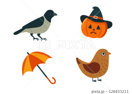 Colorful autumn-themed icons including birds, a pumpkin, and an umbrella, perfect for seasonal designs. 126833211