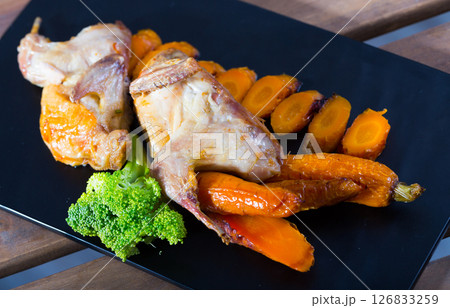 Teriyaki partridge with grilled carrots Teriyaki partridge with grilled carrots 126833259