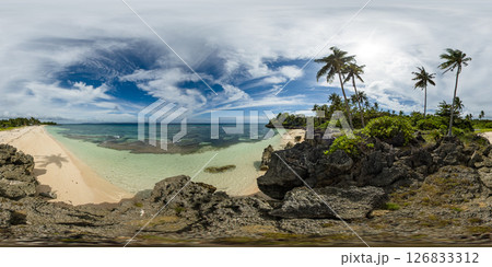Scenic landscape of beach with clear water and corals. Carabao Island in Romblon, Philippines. VR 360. Scenic landscape of beach with clear water and corals. Carabao Island in Romblon, Philippines. VR 360. 126833312