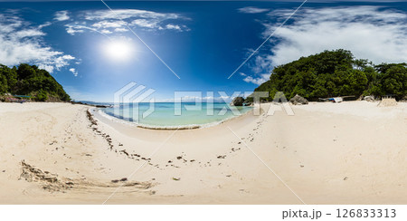 Sun reflection over the turquoise water and white sand in Hagdan Beach in Boracay. Malay, Aklan. Philippines. VR 360. 126833313