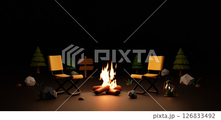 Campfire gathering with chairs in nature. 3D render illustration 126833492