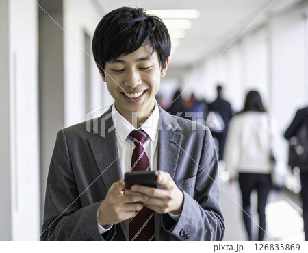 スマートフォンを見て笑顔になる男子高校生｜通学の合間のひととき 126833869