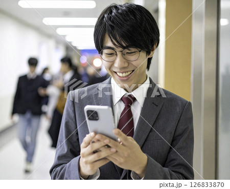 メガネをかけた男子高校生がスマホを見て笑顔｜知的で親しみやすい印象 126833870