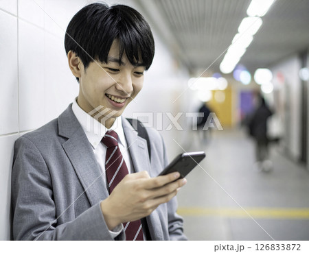 男子高校生が地下通路でスマートフォンを操作しながら笑顔を見せるシーン 126833872