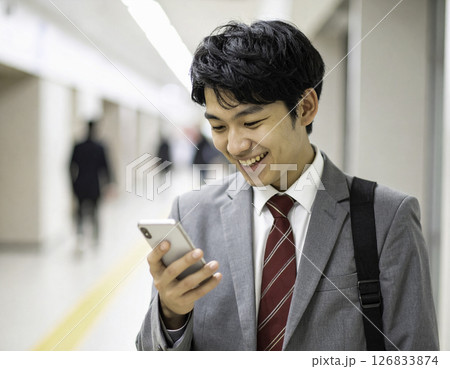 男子高校生がスマートフォンを見ながら笑顔を見せる通路シーン 126833874