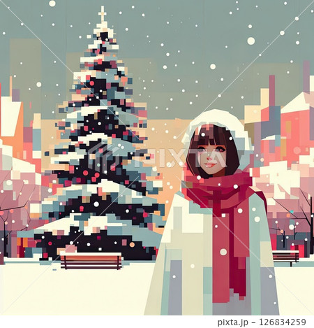 Woman Admiring Decorated Christmas Tree with Generative AI. 126834259