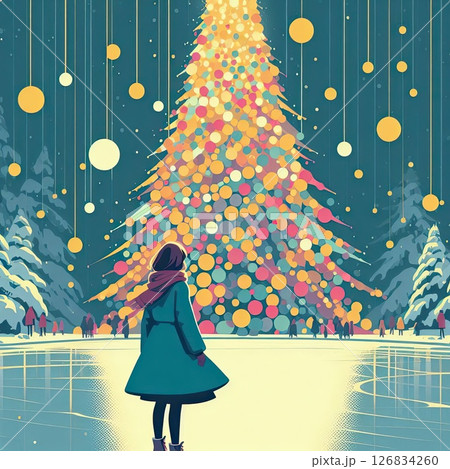 Woman Admiring Decorated Christmas Tree with Generative AI. 126834260