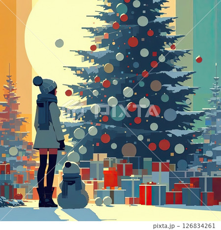 Woman Admiring Decorated Christmas Tree with Generative AI. 126834261