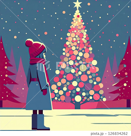 Woman Admiring Decorated Christmas Tree with Generative AI. 126834262