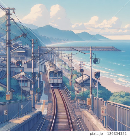 Scenic Coastal Railway in Japan with Ocean View in Anime-Style Seaside Train Journey Illustration with Generative AI. Scenic Coastal Railway in Japan with Ocean View in Anime-Style Seaside Train Journey Illustration with Generative AI. 126834321
