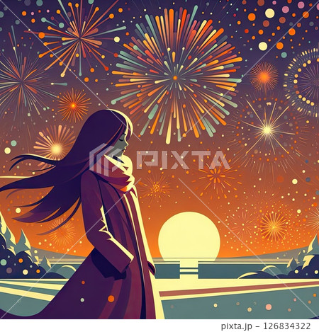 Woman in Winter Clothing with Vibrant Fireworks in the Background for New Year Celebration with Generative AI. 126834322