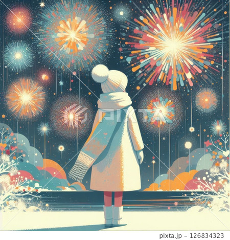 Woman in Winter Clothing with Vibrant Fireworks in the Background for New Year Celebration with Generative AI. Woman in Winter Clothing with Vibrant Fireworks in the Background for New Year Celebration with Generative AI. 126834323