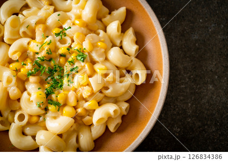 macaroni creamy corn cheese on plate 126834386