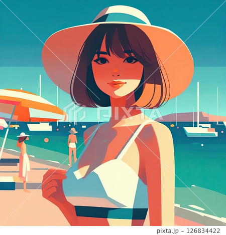 Stylish Woman on Tropical Beach for Summer Fashion Vector Illustration in Retro Flat Style with Generative AI. Stylish Woman on Tropical Beach for Summer Fashion Vector Illustration in Retro Flat Style with Generative AI. 126834422