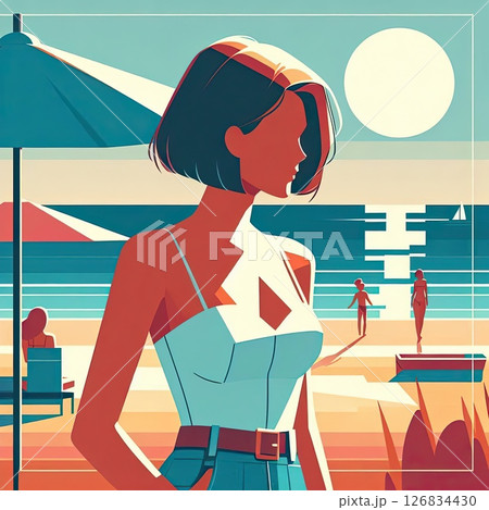 Stylish Woman on Tropical Beach for Summer Fashion Vector Illustration in Retro Flat Style with Generative AI. Stylish Woman on Tropical Beach for Summer Fashion Vector Illustration in Retro Flat Style with Generative AI. 126834430