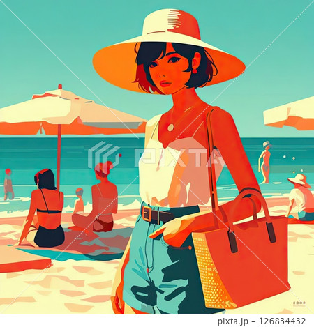 Stylish Woman on Tropical Beach for Summer Fashion Vector Illustration in Retro Flat Style with Generative AI. Stylish Woman on Tropical Beach for Summer Fashion Vector Illustration in Retro Flat Style with Generative AI. 126834432