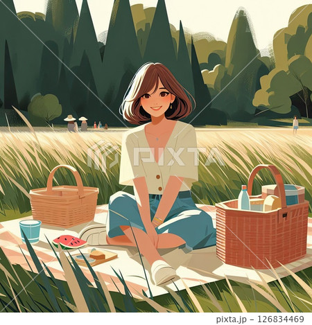 Happy Girl Enjoying a Picnic in the Park with Generative AI. 126834469