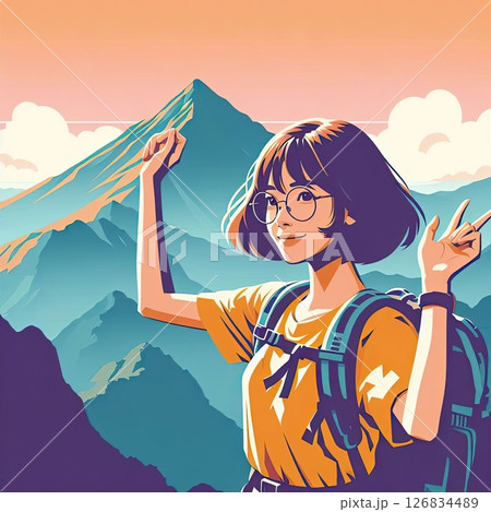 Smiling Female Hiker in Scenic Mountains with Generative AI. 126834489
