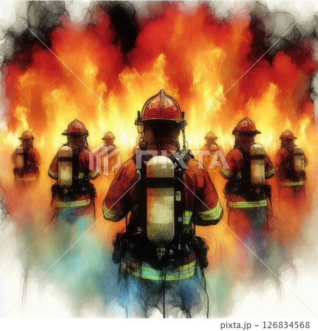 Heroic Firefighter in Action in Courage Amidst the Flames with Generative AI. 126834568