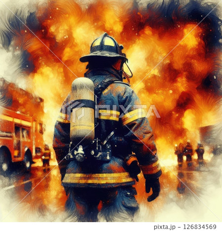 Heroic Firefighter in Action in Courage Amidst the Flames with Generative AI. 126834569