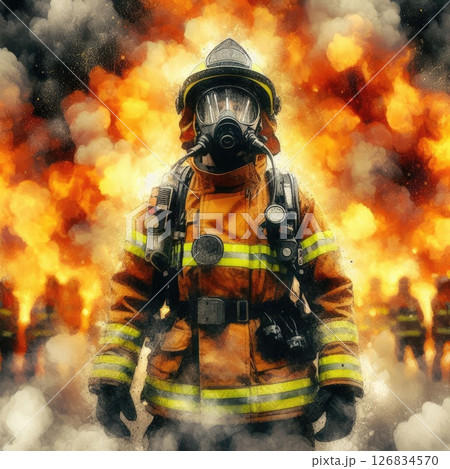 Heroic Firefighter in Action in Courage Amidst the Flames with Generative AI. 126834570