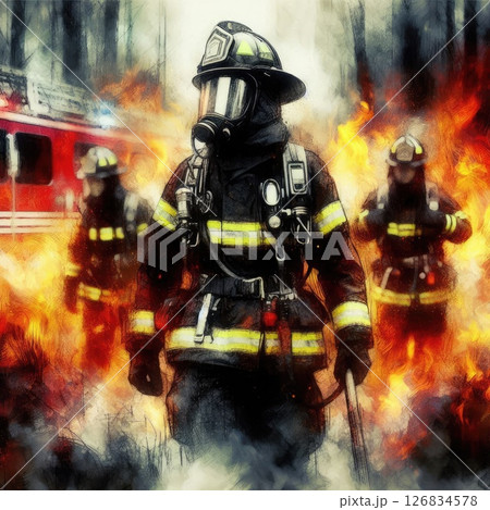 Heroic Firefighter in Action in Courage Amidst the Flames with Generative AI. Heroic Firefighter in Action in Courage Amidst the Flames with Generative AI. 126834578