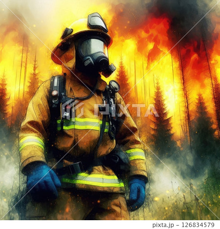 Heroic Firefighter in Action in Courage Amidst the Flames with Generative AI. 126834579