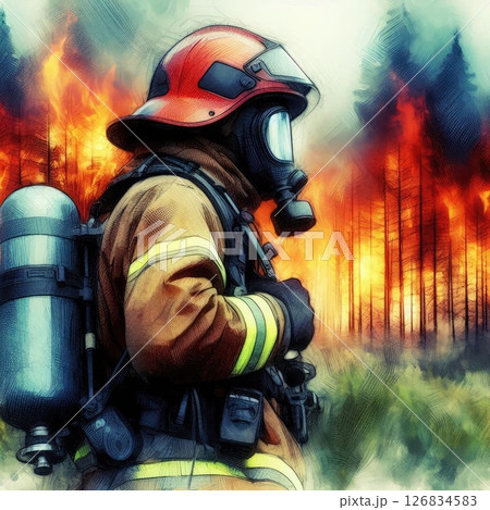 Heroic Firefighter in Action in Courage Amidst the Flames with Generative AI. 126834583