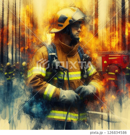 Heroic Firefighter in Action in Courage Amidst the Flames with Generative AI. 126834586