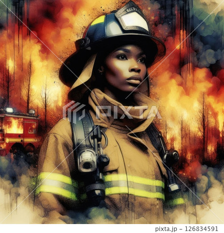 Heroic Firefighter in Action in Courage Amidst the Flames with Generative AI. 126834591