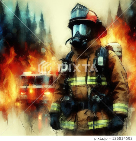Heroic Firefighter in Action in Courage Amidst the Flames with Generative AI. 126834592