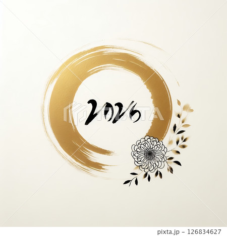 2026 Zen Ink Circle with Gold floral Blossom with Generative AI. 126834627