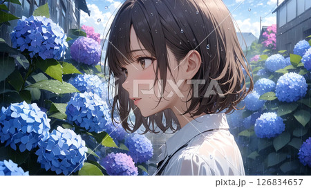 紫陽花の中で雨に濡れた女性 126834657