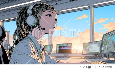 近代的なコールセンターのオフィスで働く女性オペレーター