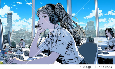近代的なコールセンターのオフィスで働く女性オペレーター