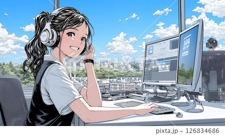 近代的なコールセンターのオフィスで働く女性オペレーター