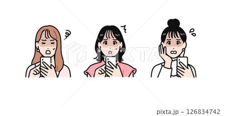 スマートフォンを見て青ざめる3人の若い女性のシンプルなベクターイラストセット 126834742
