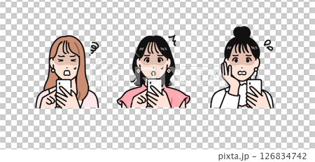 スマートフォンを見て青ざめる3人の若い女性のシンプルなベクターイラストセット 126834742