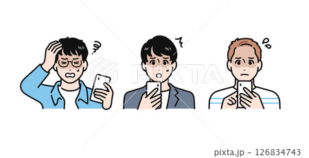 スマートフォンを見て青ざめる3人の若い男性のシンプルなベクターイラストセット 126834743