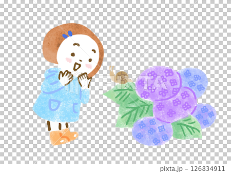 Illustration of a girl wearing a raincoat rejoicing at a snail sitting on a hydrangea leaf 126834911