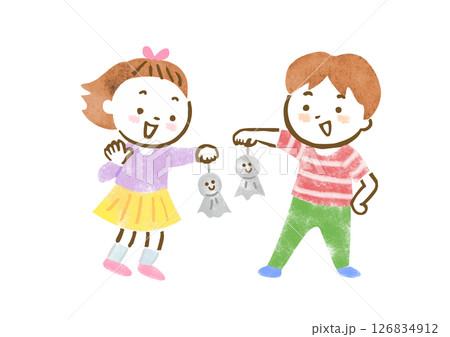 楽しそうにてるてる坊主を見せ合っている男の子と女の子のイラスト 126834912