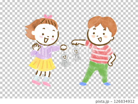 楽しそうにてるてる坊主を見せ合っている男の子と女の子のイラスト 126834912
