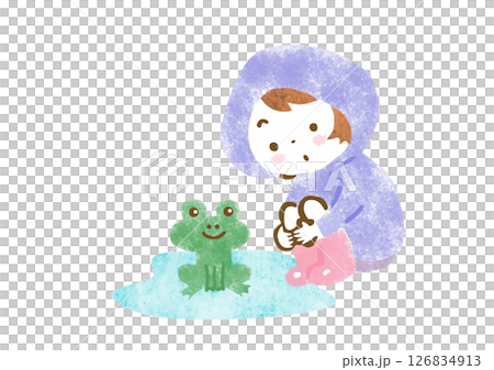一位身穿雨衣的女孩凝視著水坑裡的青蛙的插圖 126834913