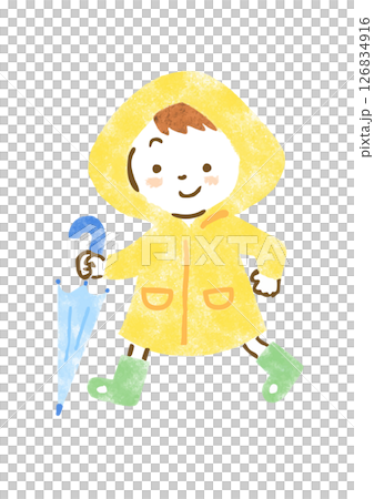 閉じた傘を持ってカッパを着て歩いている男の子のイラスト 126834916