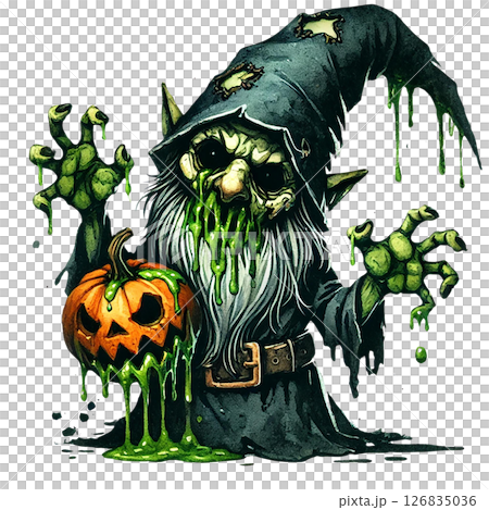 A spooky wizard holding a pumpkin, oozing green slime. 126835036