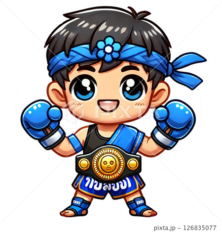 Cheerful fighter ready for action in colorful boxing gear. 126835077