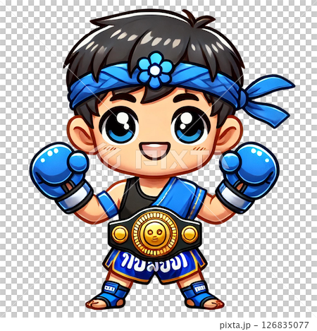 Cheerful fighter ready for action in colorful boxing gear. 126835077